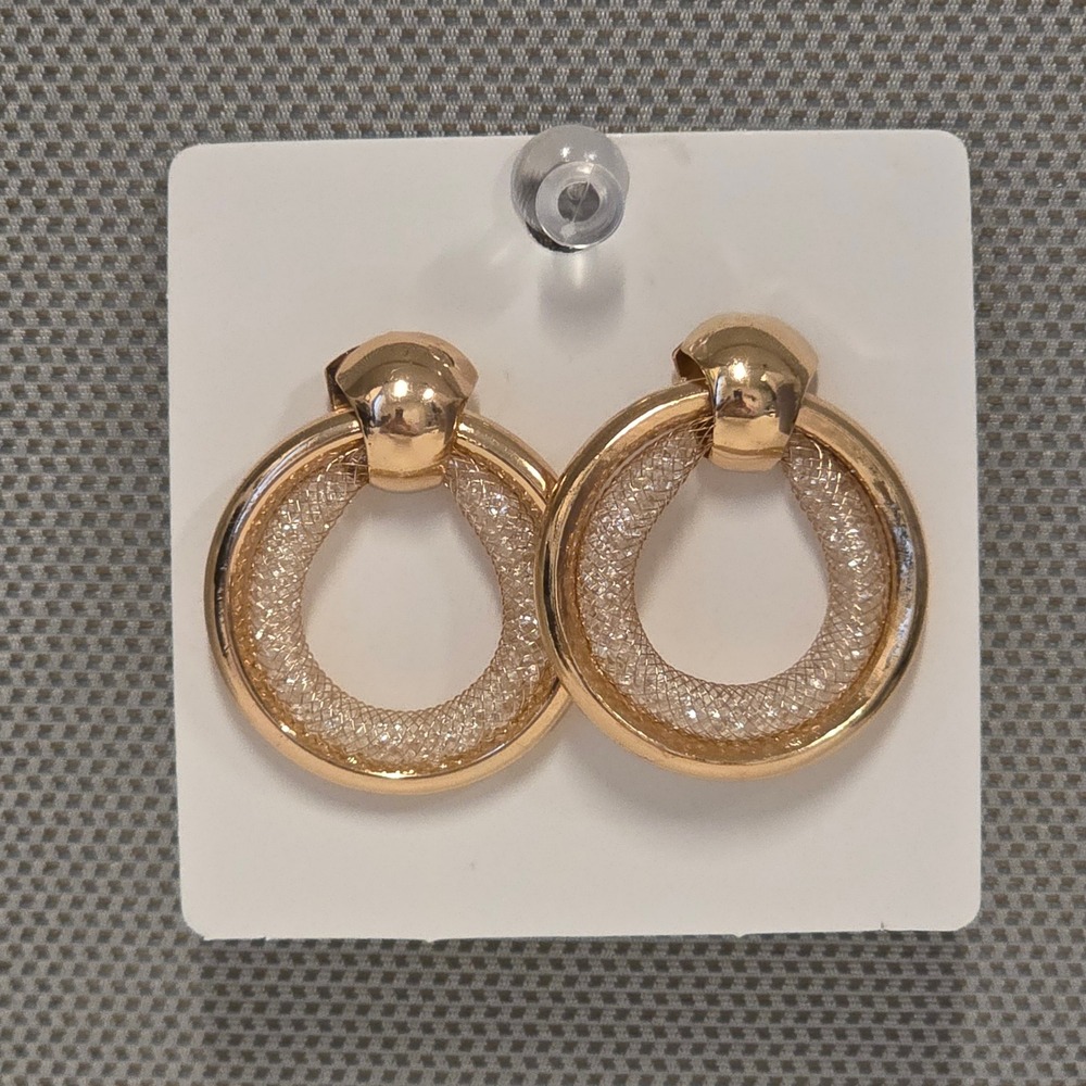 Gold Tone Mesh Door Knocker Hoop Earrings Post Back Textured Circular Drop NEW